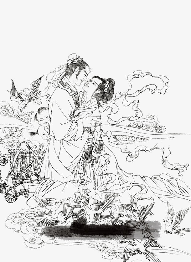古风简笔画牛郎织女相会免抠