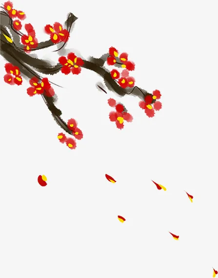 粉色中国风水墨花枝免抠