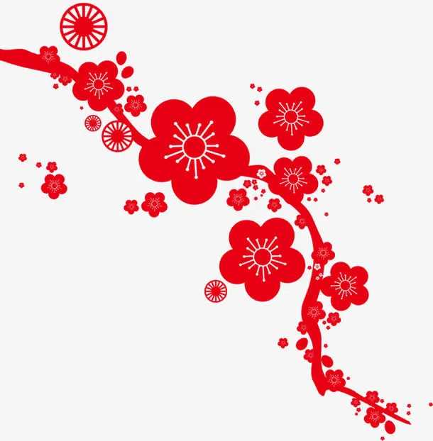 红色中国风花枝剪纸免抠