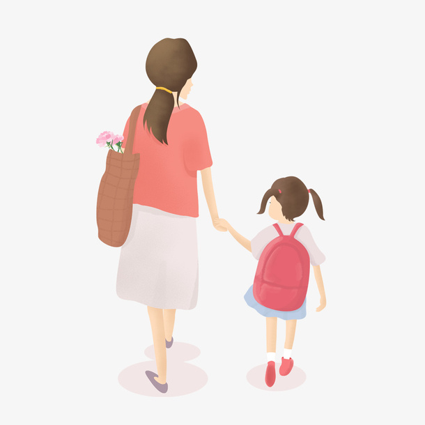卡通手绘母女背影免抠