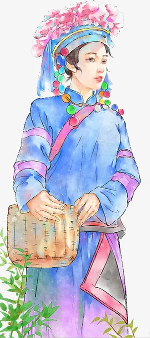 手绘民族女人托着小背篓免抠