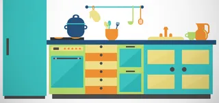 淘宝矢量卡通厨房彩色橱柜饭锅冰箱海报背景高清