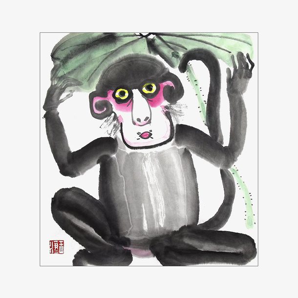 中国风水墨画猴子撑荷叶伞插画免免抠