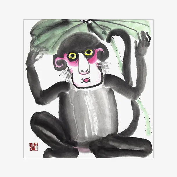 中国风水墨画猴子撑荷叶伞插画免免抠