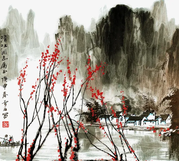 手绘水墨古建筑山水画免抠