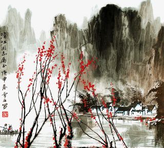 手绘水墨古建筑山水画免抠