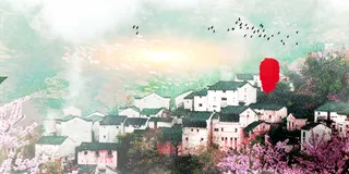 清新古村景色绿色背景素材高清