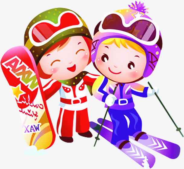 手绘彩色服饰滑雪人物免抠