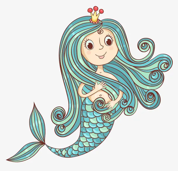 手绘蓝色头发美人鱼免抠