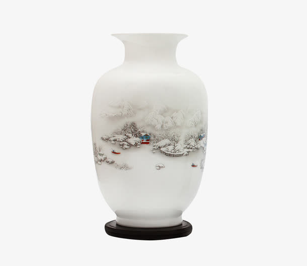 白色山水图案花瓶免抠