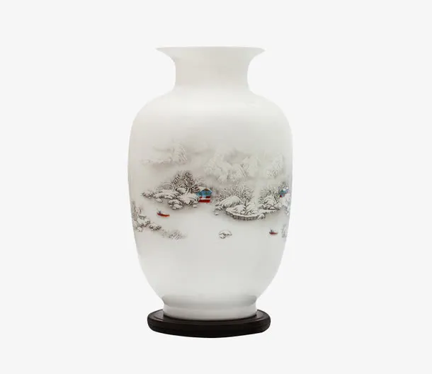 白色山水图案花瓶免抠