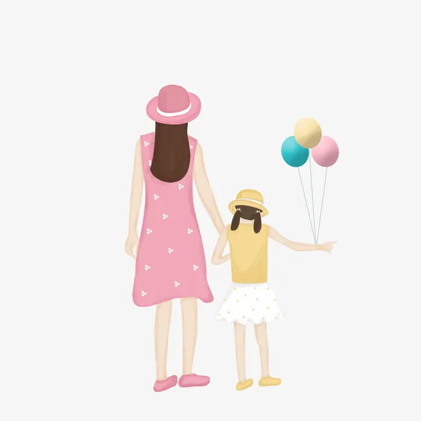 手绘卡通清新母女背影插画免抠