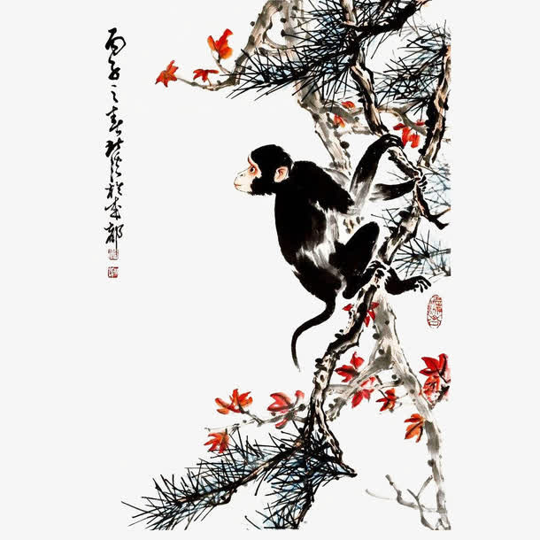 中国风水墨画猴子和树枝红叶免抠免抠