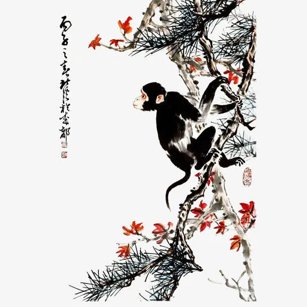 中国风水墨画猴子和树枝红叶免抠免抠