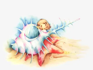 手绘合成创意小姑娘水彩免抠