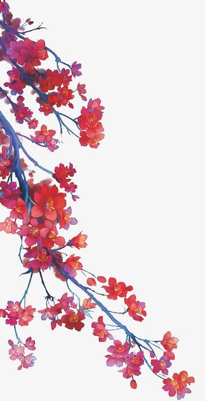红色彩绘花朵树枝免抠