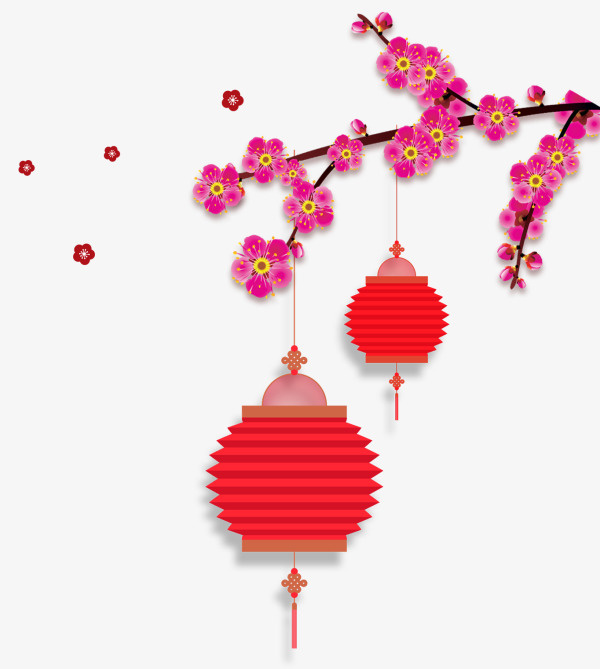 中国风粉色花枝灯笼免抠