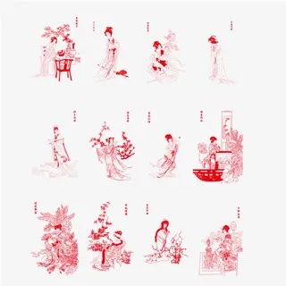 红楼梦红色线描素材免抠