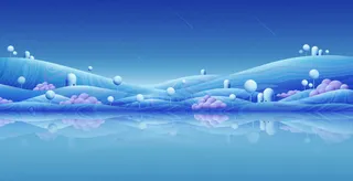 手绘粉红色蓝色风景插图免抠