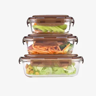 三件灰色盖子的玻璃保鲜盒免抠