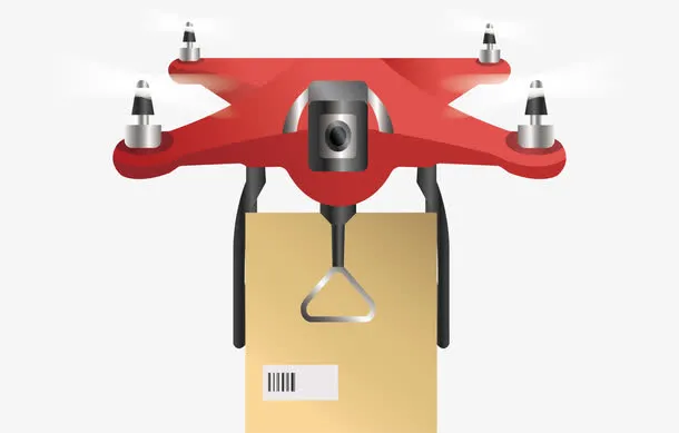红色送快递的无人机免抠