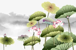 水墨山水荷花荷叶免抠