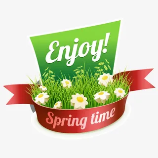 春季丝带与鲜花标签矢量素材免抠