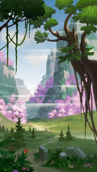 卡通游戏蓝天山峰粉花场景免抠