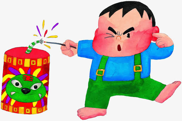 手绘小男孩放鞭炮免抠