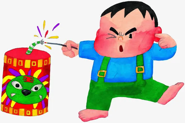 手绘小男孩放鞭炮免抠