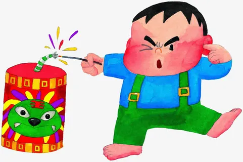 手绘小男孩放鞭炮免抠