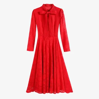 红色蝶结蕾丝长裙免抠