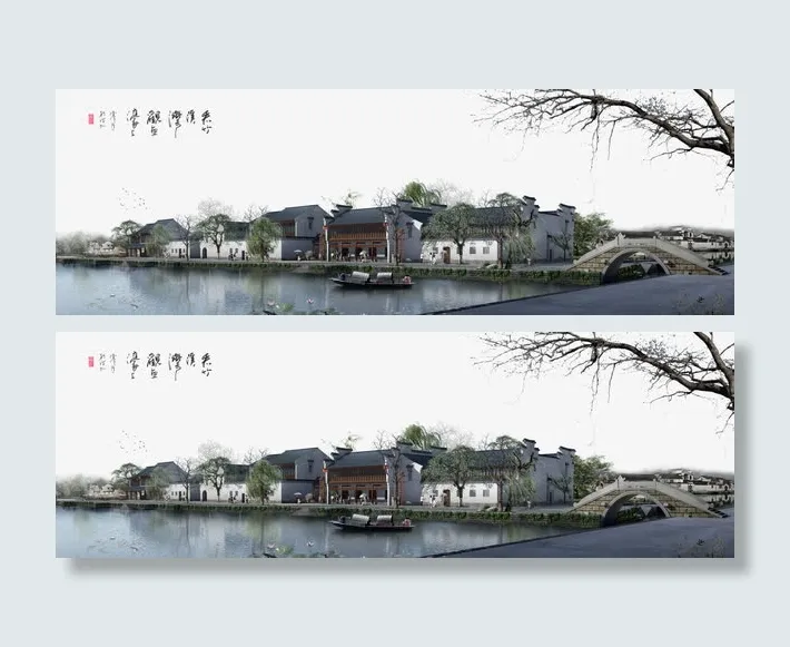 唯美水墨江南岸边古建筑免抠