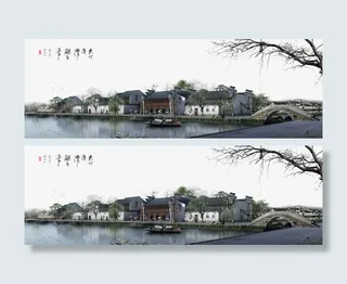 唯美水墨江南岸边古建筑免抠