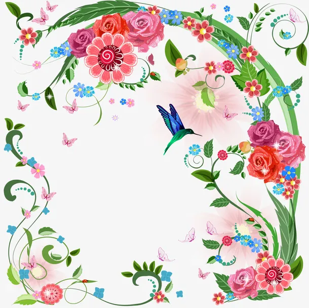 红色花枝框架免抠