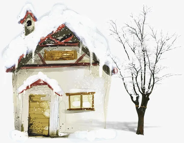 下雪小房子树枝圣诞图案免抠