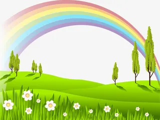 卡通清新春天彩虹草坪免抠