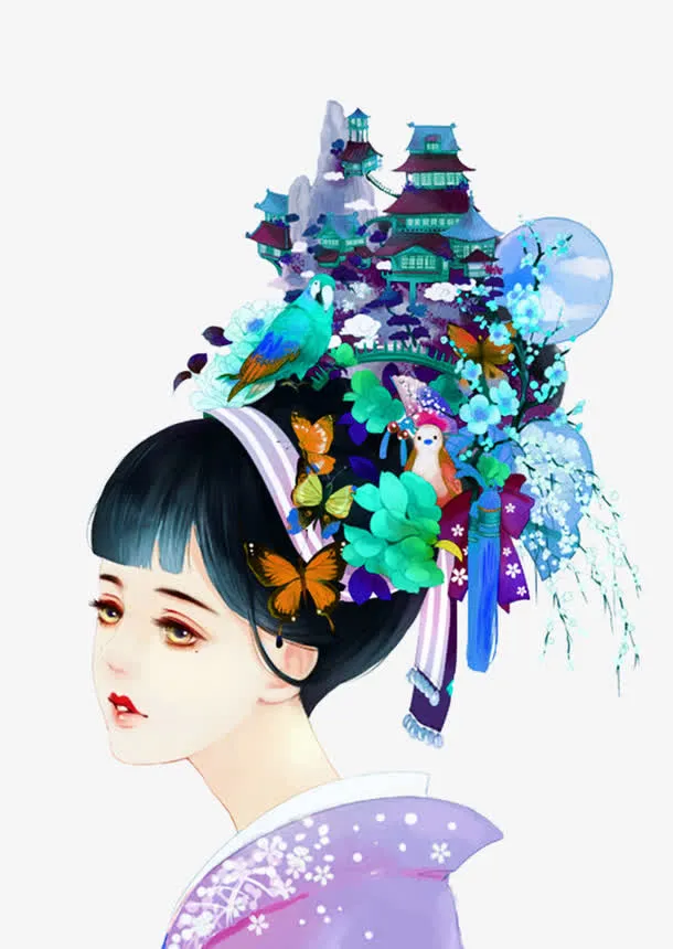 手绘少女与城市免抠