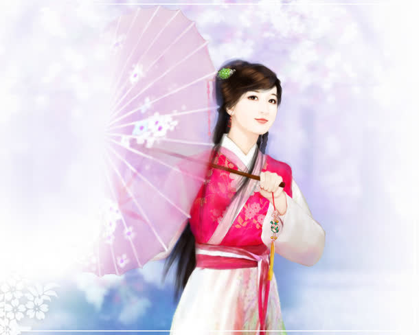 手绘撑伞古风美女免抠