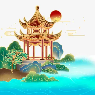 复古宫廷山水风免抠