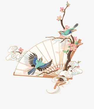 中国风水彩扇子鸟元素免抠
