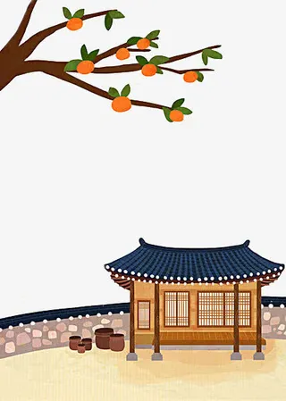 手绘柿子树青瓦白墙免抠
