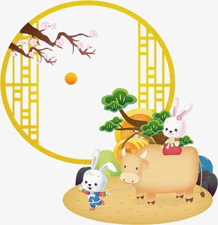 手绘玉兔年画免抠