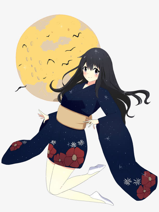 黑色长发的手绘女巫月亮免抠