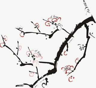 手绘红色树枝梅花免抠
