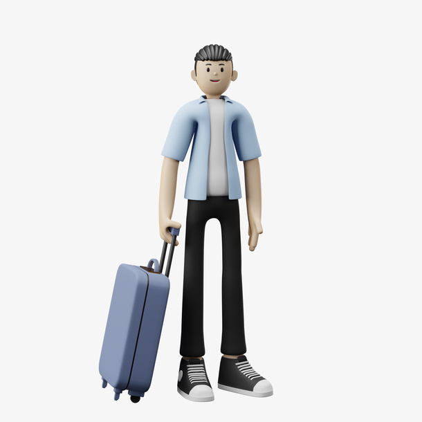 C4D 人物 蓝衬衫 行李箱 出差免抠