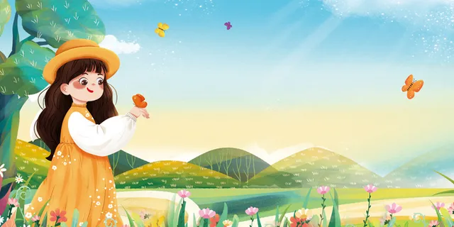 手绘人物花朵树枝背景图高清