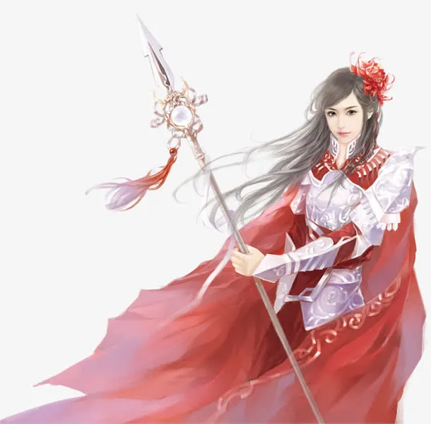 红衣执枪女将古风手绘免抠