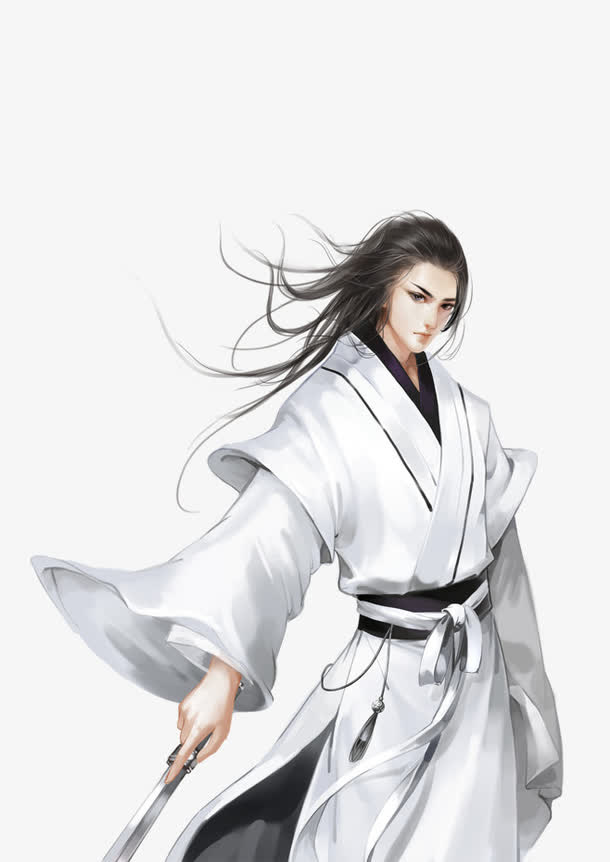 手绘神秘白色长褂男士古代免抠
