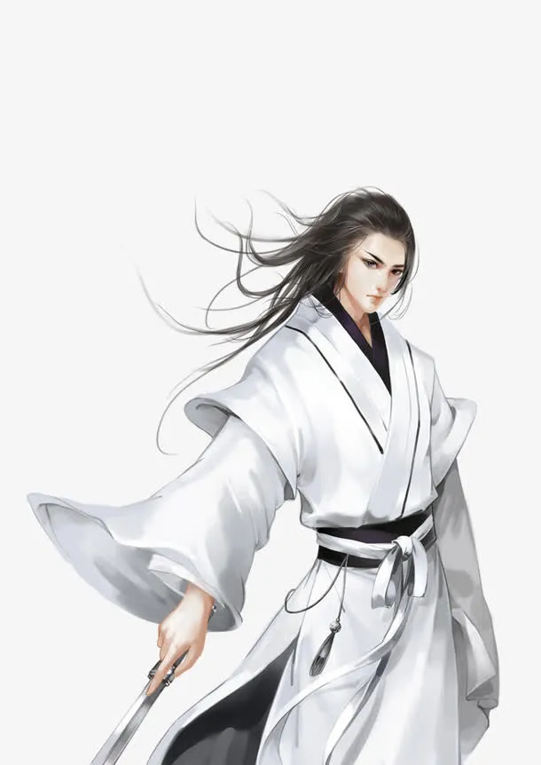手绘神秘白色长褂男士古代免抠